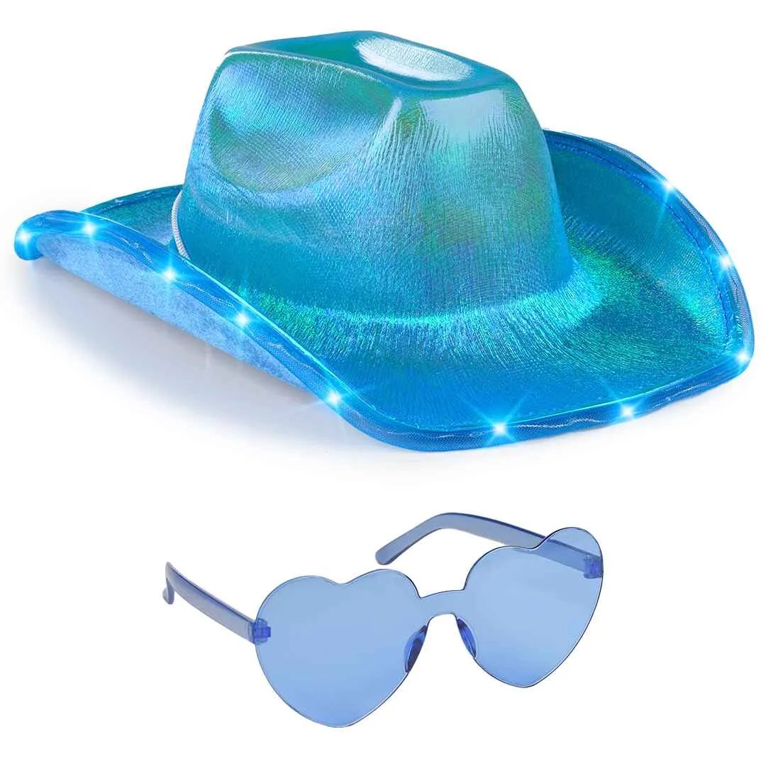 Light Up Cowboy Hat for Women - Blue Holographic  Space Cowgirl Hat with Glasses - FUNCREDIBLE