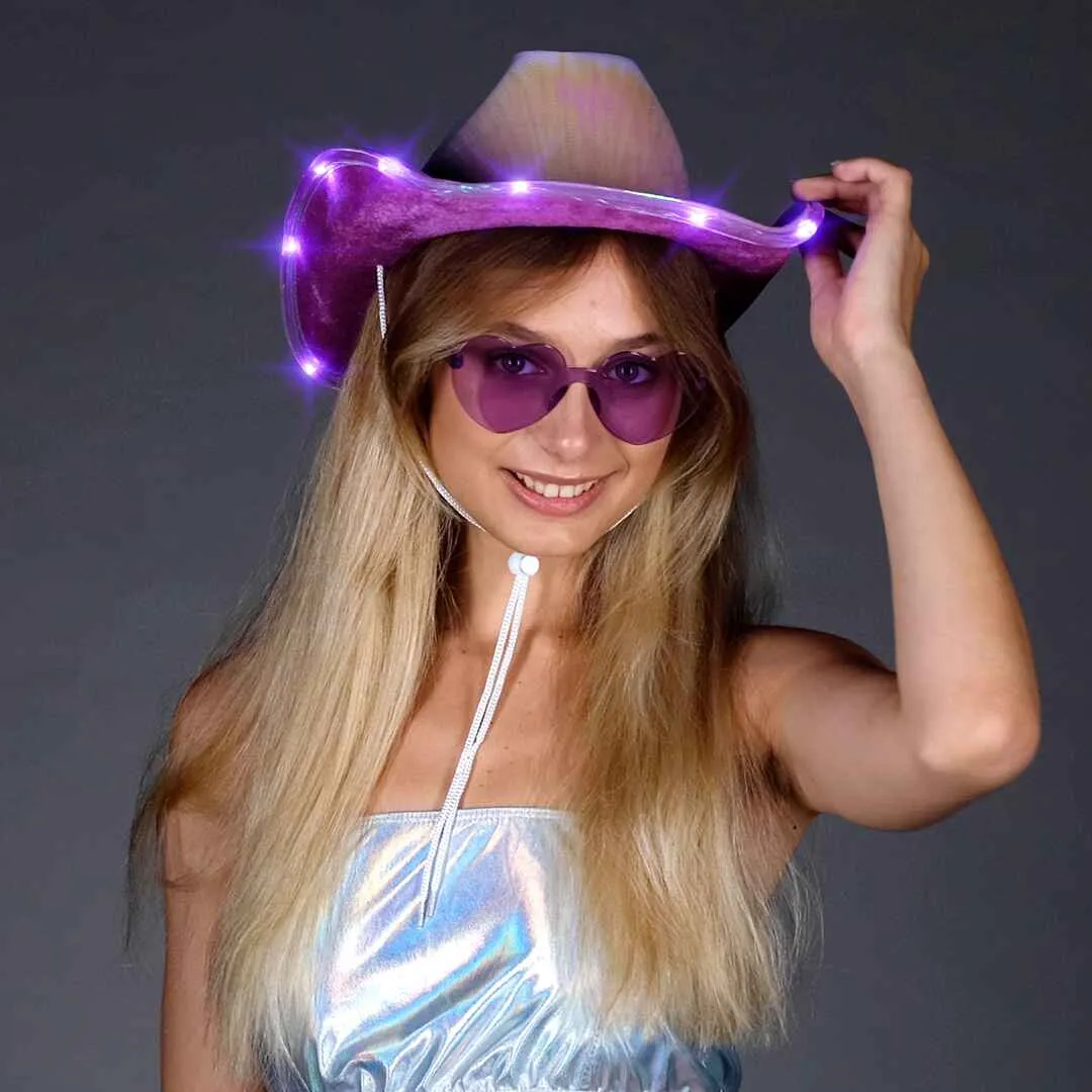 Light Up Cowboy Hat for Women - Purple Holographic  Space Cowgirl Hat with Glasses - FUNCREDIBLE