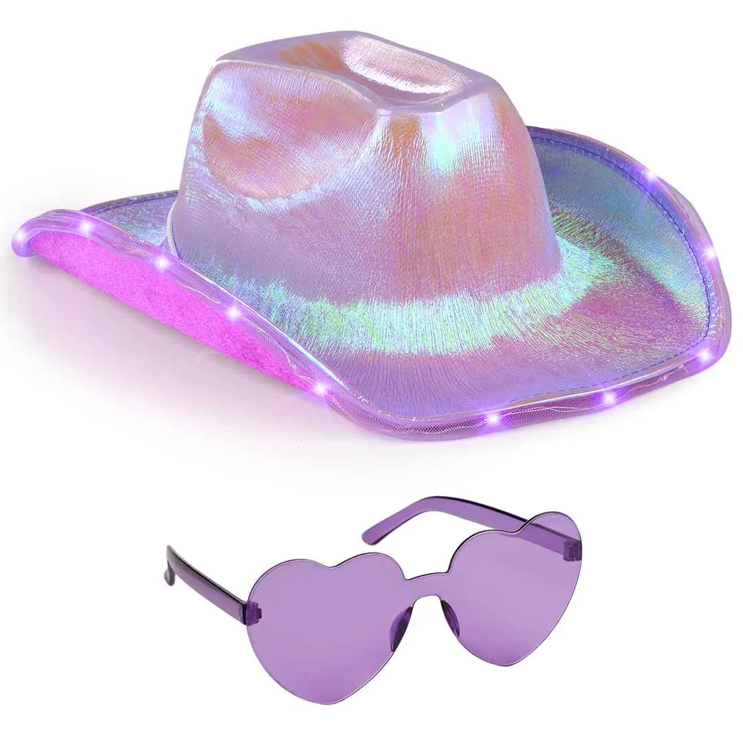 Light Up Cowboy Hat for Women - Purple Holographic  Space Cowgirl Hat with Glasses - FUNCREDIBLE