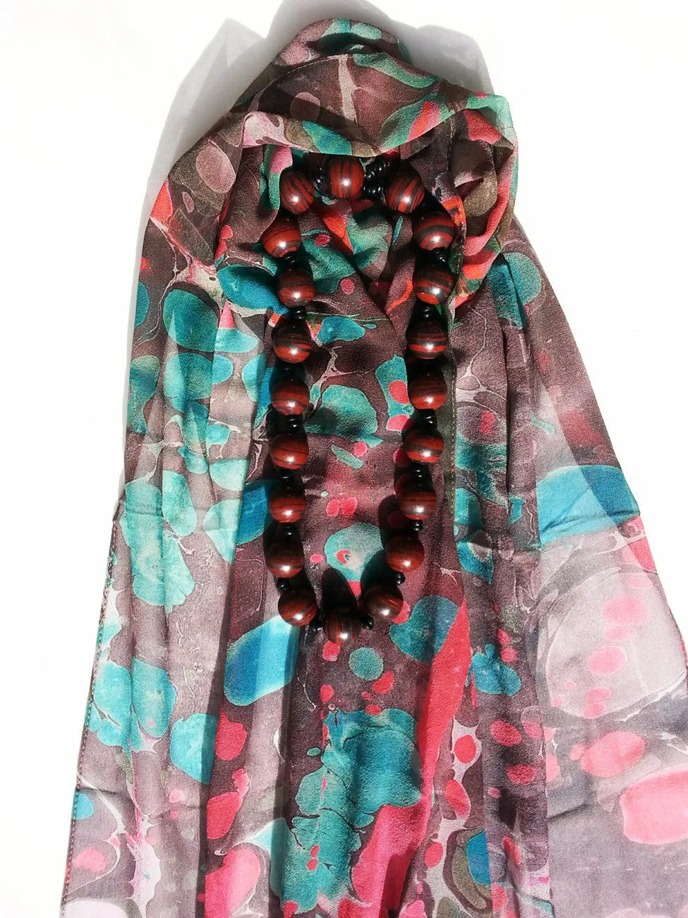 Marbleized Silk Chiffon Long Scarf Chocolate Strawberry