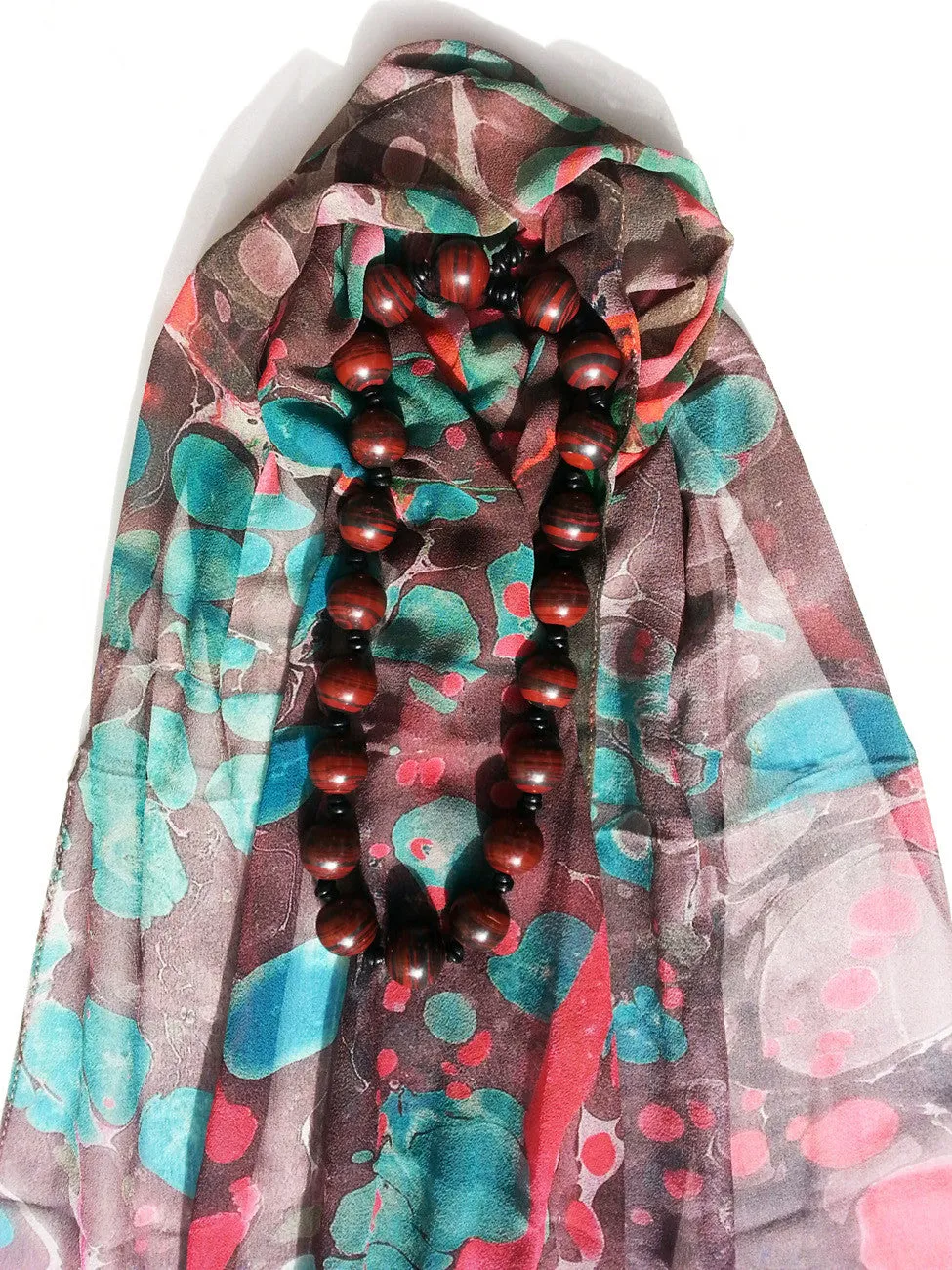 Marbleized Silk Chiffon Long Scarf Chocolate Strawberry