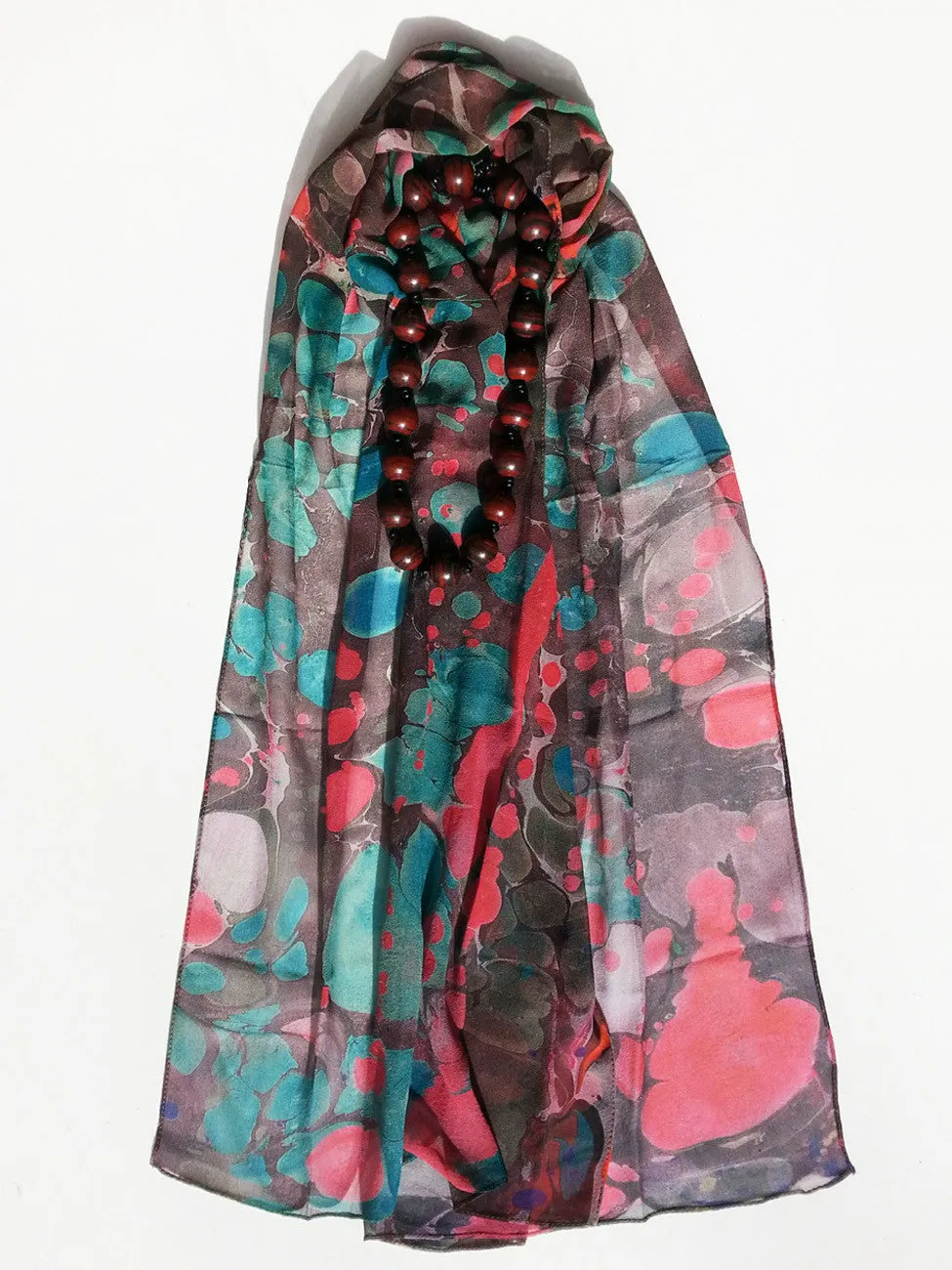 Marbleized Silk Chiffon Long Scarf Chocolate Strawberry