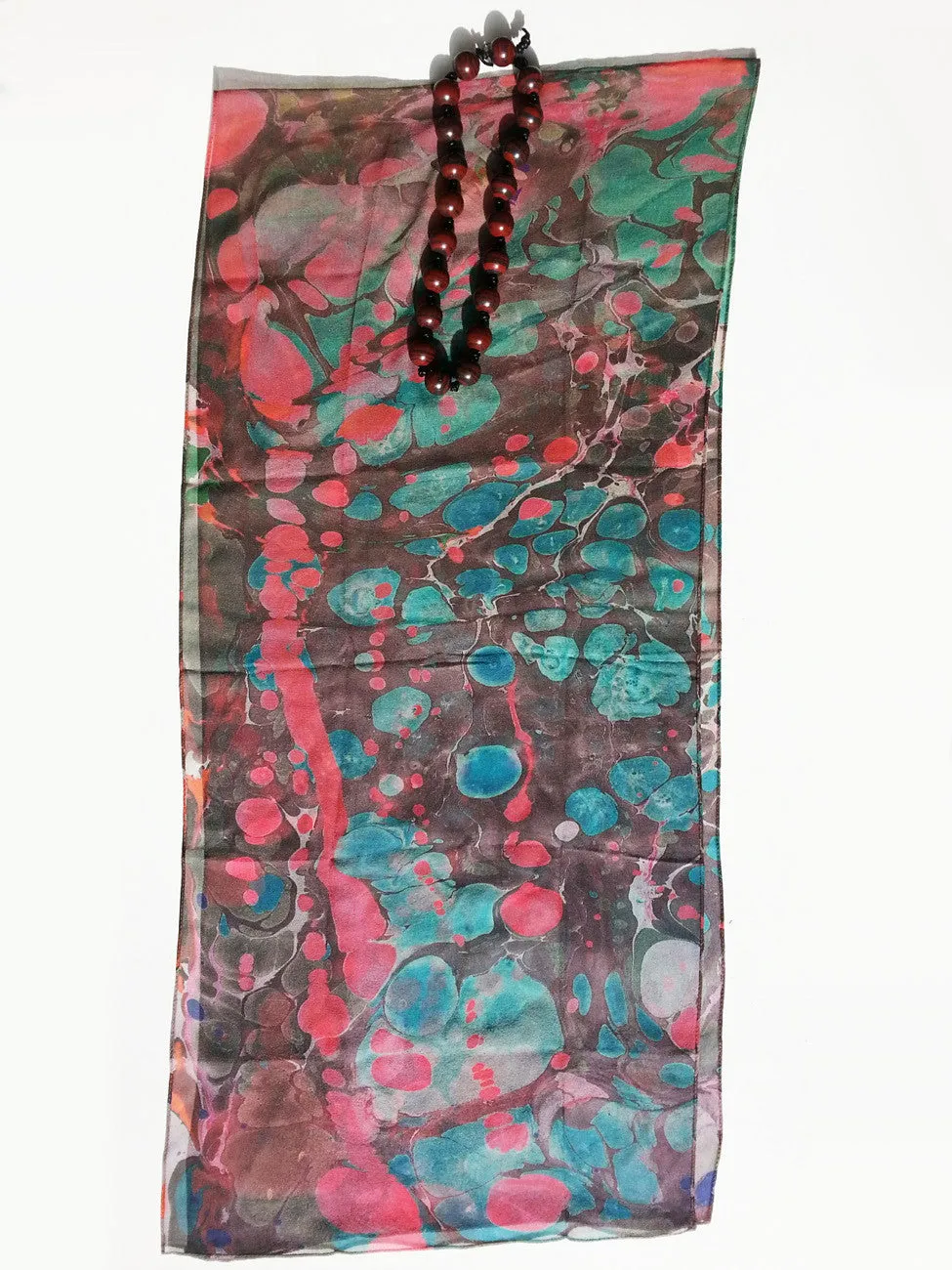 Marbleized Silk Chiffon Long Scarf Chocolate Strawberry