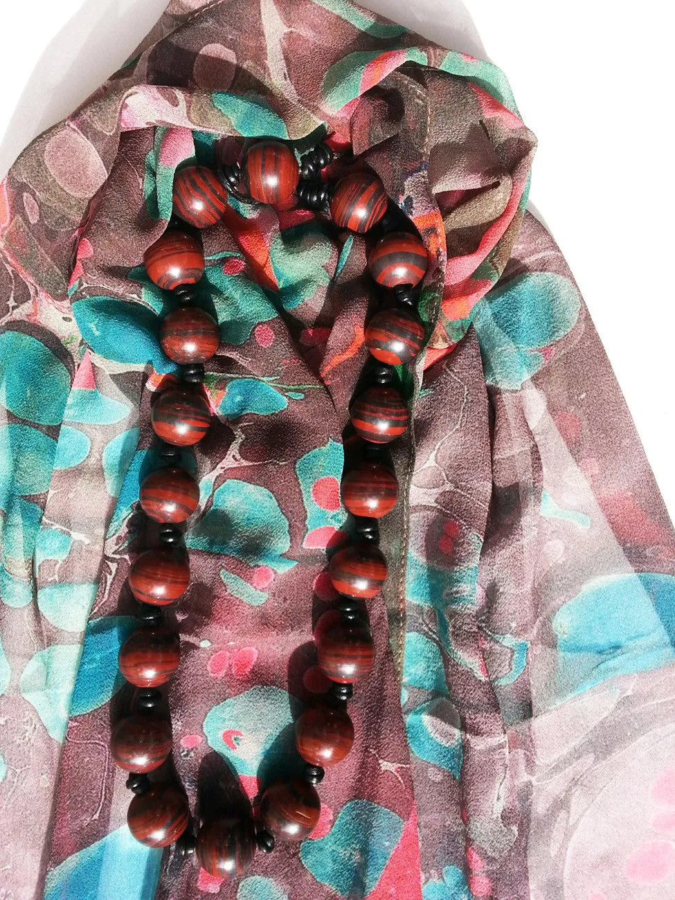 Marbleized Silk Chiffon Long Scarf Chocolate Strawberry