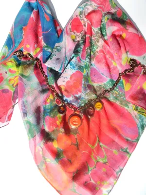 Marbleized Silk Chiffon Square Scarf Fruit Cocktail