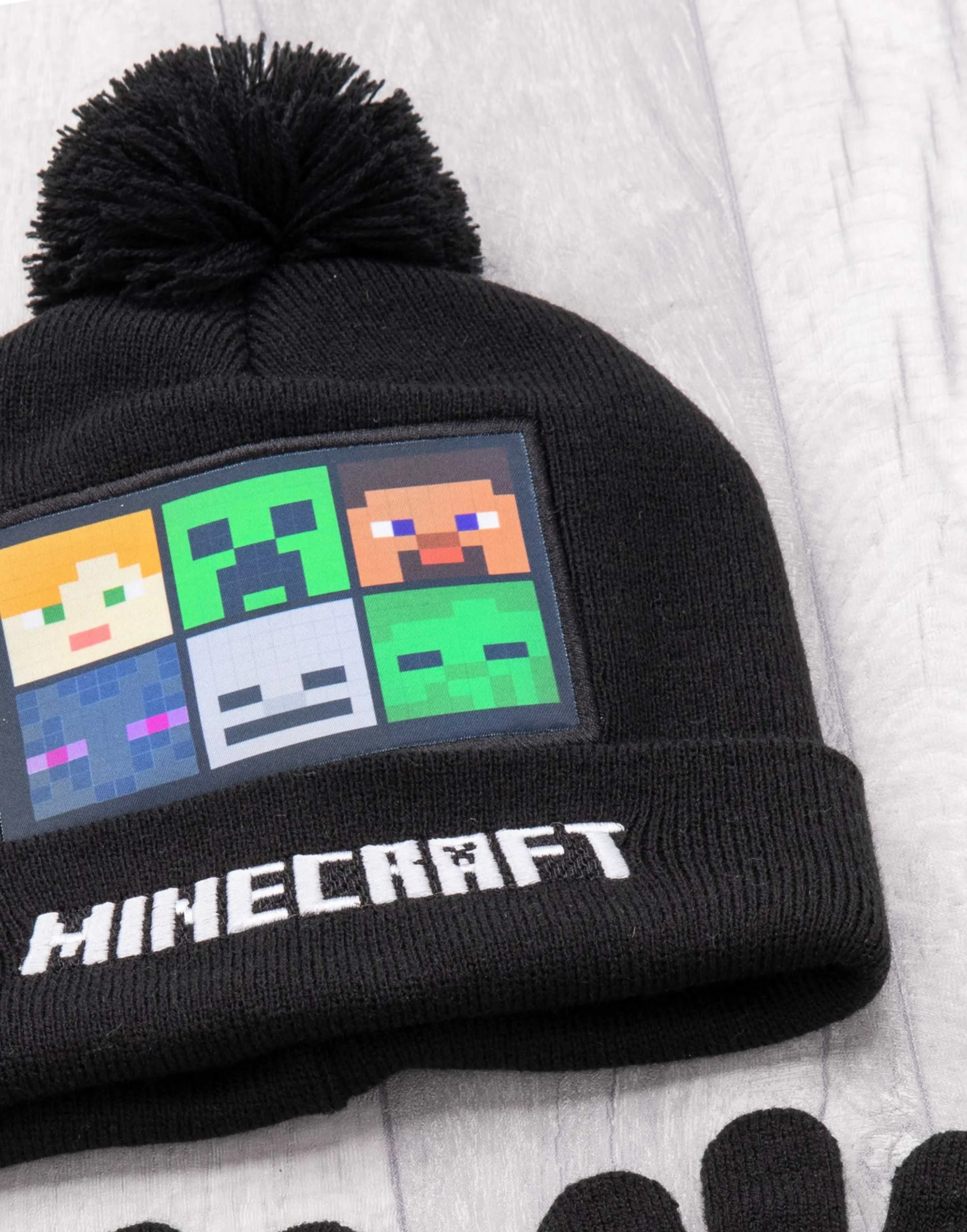 Minecraft Characters Black Beanie , Scarf and Glove Set