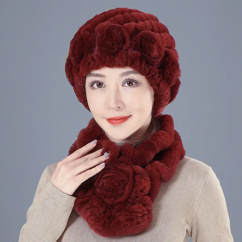 New Rex Rabbit Fur Hat Female Autumn and Winter Outdoor Warm Ear Protection Scarf Mom Casual Suit