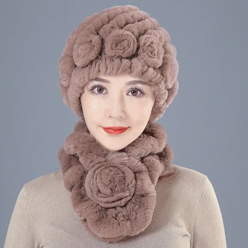 New Rex Rabbit Fur Hat Female Autumn and Winter Outdoor Warm Ear Protection Scarf Mom Casual Suit