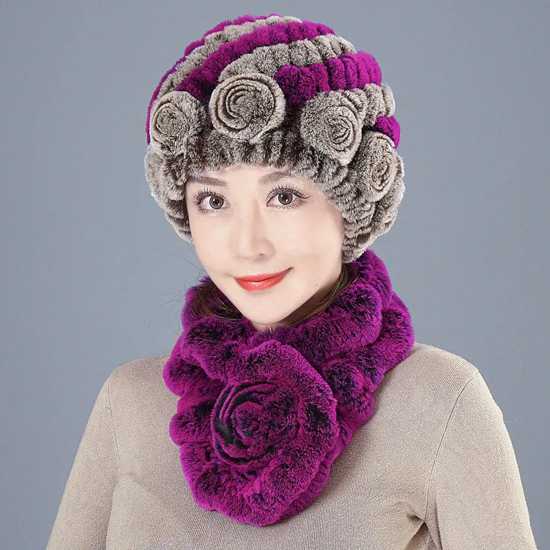 New Rex Rabbit Fur Hat Female Autumn and Winter Outdoor Warm Ear Protection Scarf Mom Casual Suit