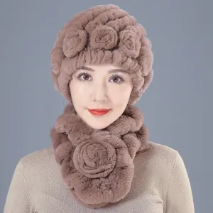 New Rex Rabbit Fur Hat Female Autumn and Winter Outdoor Warm Ear Protection Scarf Mom Casual Suit