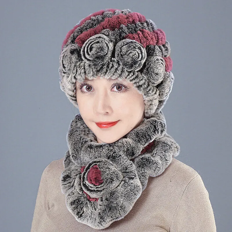 New Rex Rabbit Fur Hat Female Autumn and Winter Outdoor Warm Ear Protection Scarf Mom Casual Suit