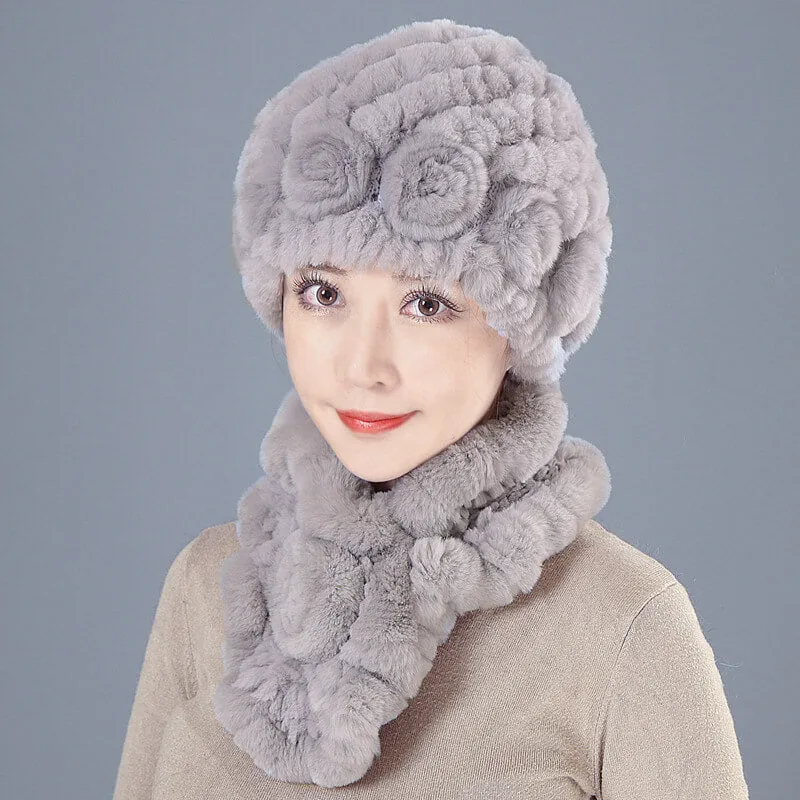 New Rex Rabbit Fur Hat Female Autumn and Winter Outdoor Warm Ear Protection Scarf Mom Casual Suit