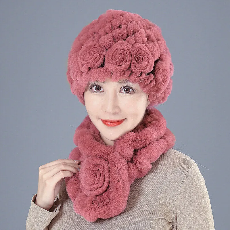 New Rex Rabbit Fur Hat Female Autumn and Winter Outdoor Warm Ear Protection Scarf Mom Casual Suit