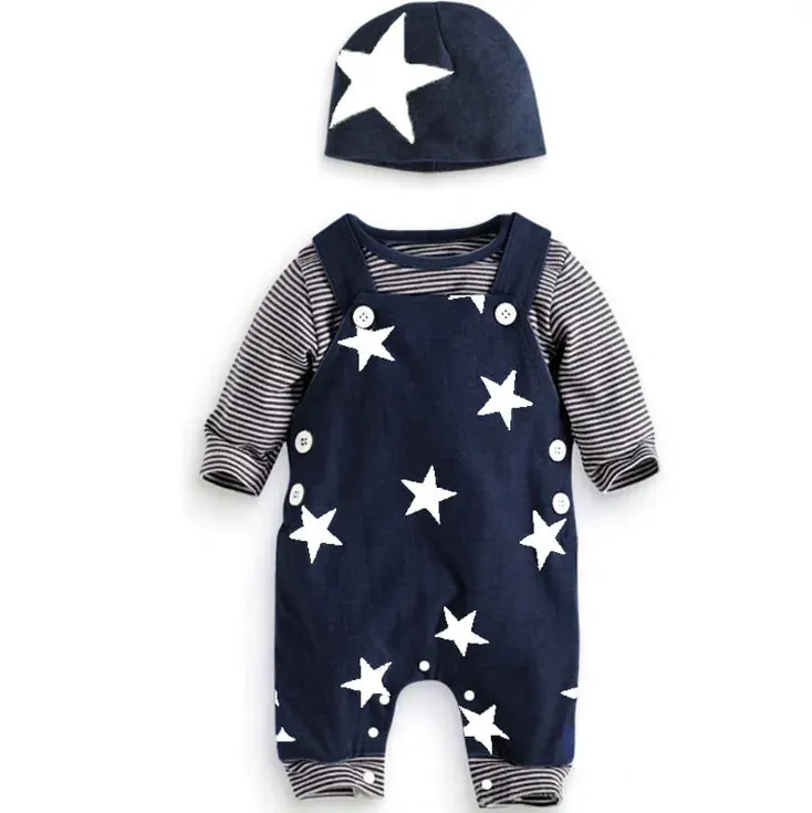 Newborn Baby Boy Clothes  Long Sleeve Tops   Suspender Pants   Hat