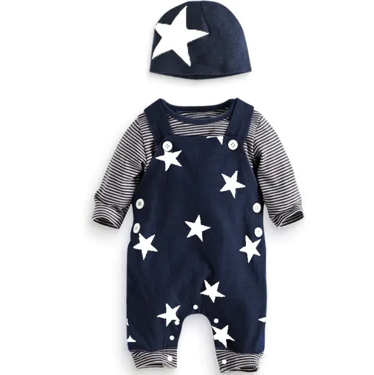 Newborn Baby Boy Clothes  Long Sleeve Tops   Suspender Pants   Hat