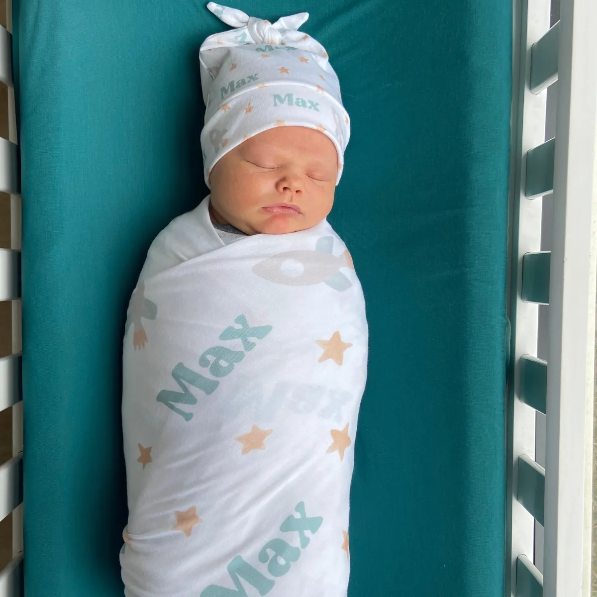 Personalized  Swaddle & Hat Set | Bright Rockets