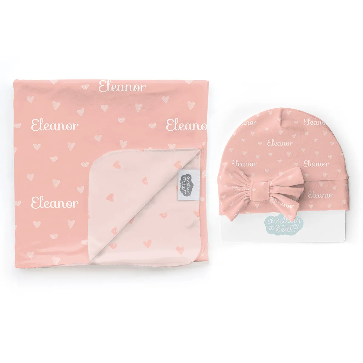 Personalized  Swaddle & Hat Set | Tiny Hearts