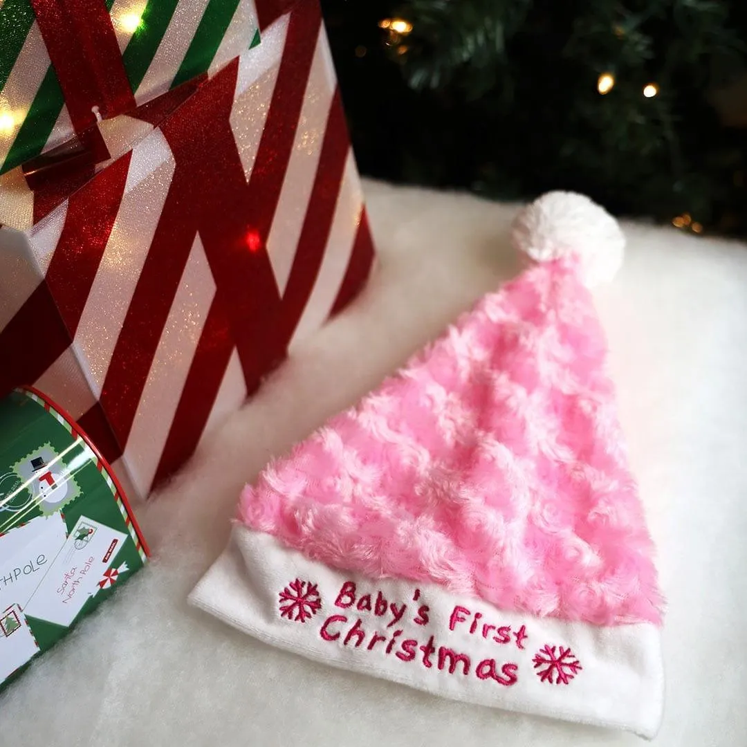 Pink Babys First Christmas Stocking and Hat Set