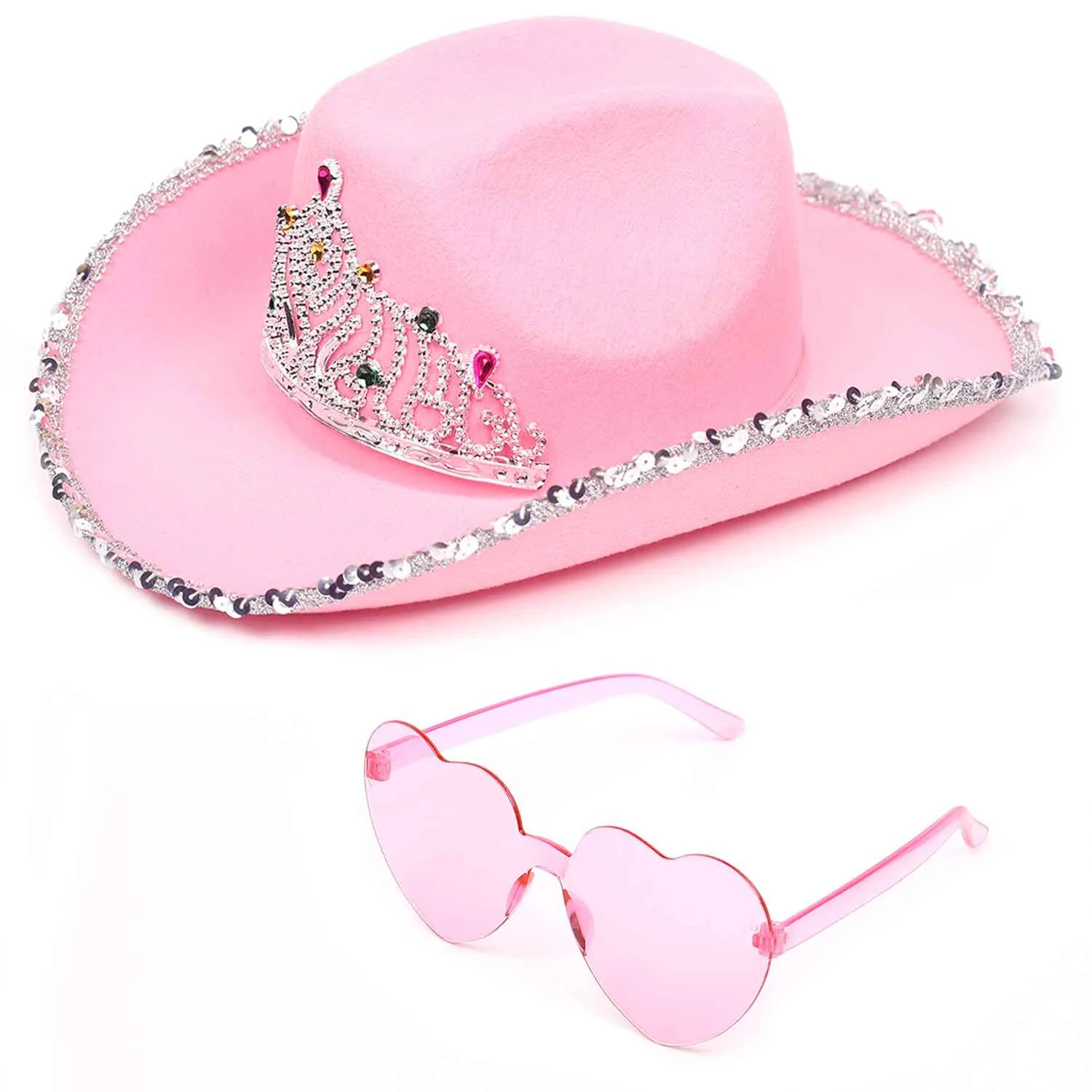 Pink Cowgirl Hat with Heart Glasses - Pink Cowboy Hat with Tiara Crown - FUNCREDIBLE