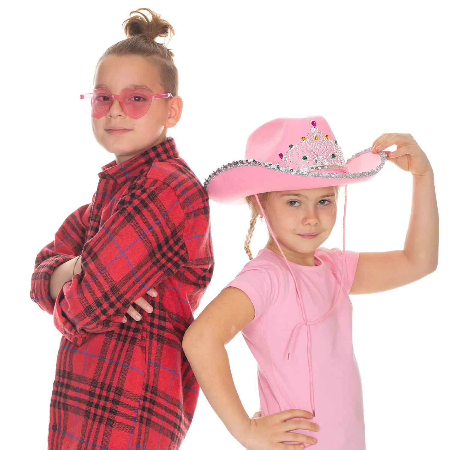 Pink Cowgirl Hat with Heart Glasses - Pink Cowboy Hat with Tiara Crown - FUNCREDIBLE