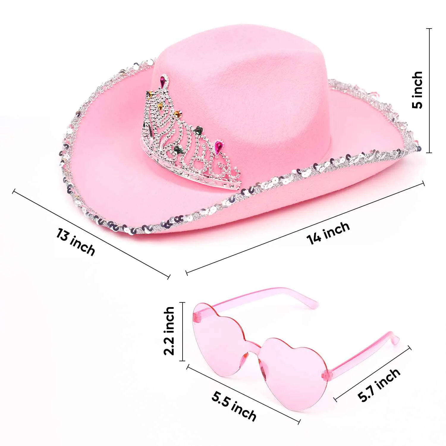 Pink Cowgirl Hat with Heart Glasses - Pink Cowboy Hat with Tiara Crown - FUNCREDIBLE