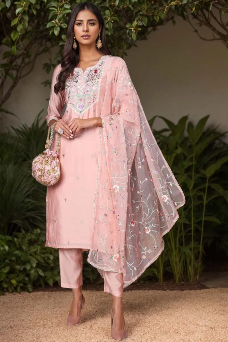 Plus Size Pink Silk Blend Solid Embroidered Straight Suit Set