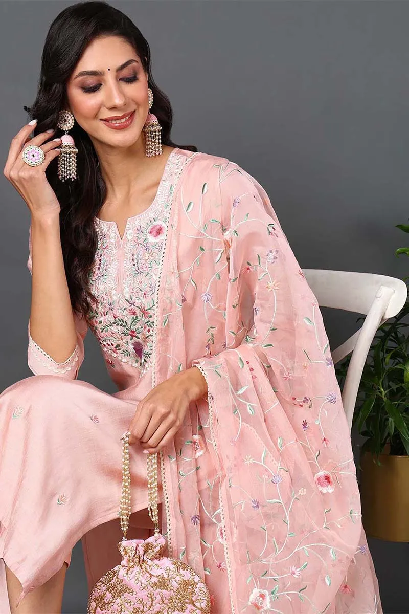 Plus Size Pink Silk Blend Solid Embroidered Straight Suit Set