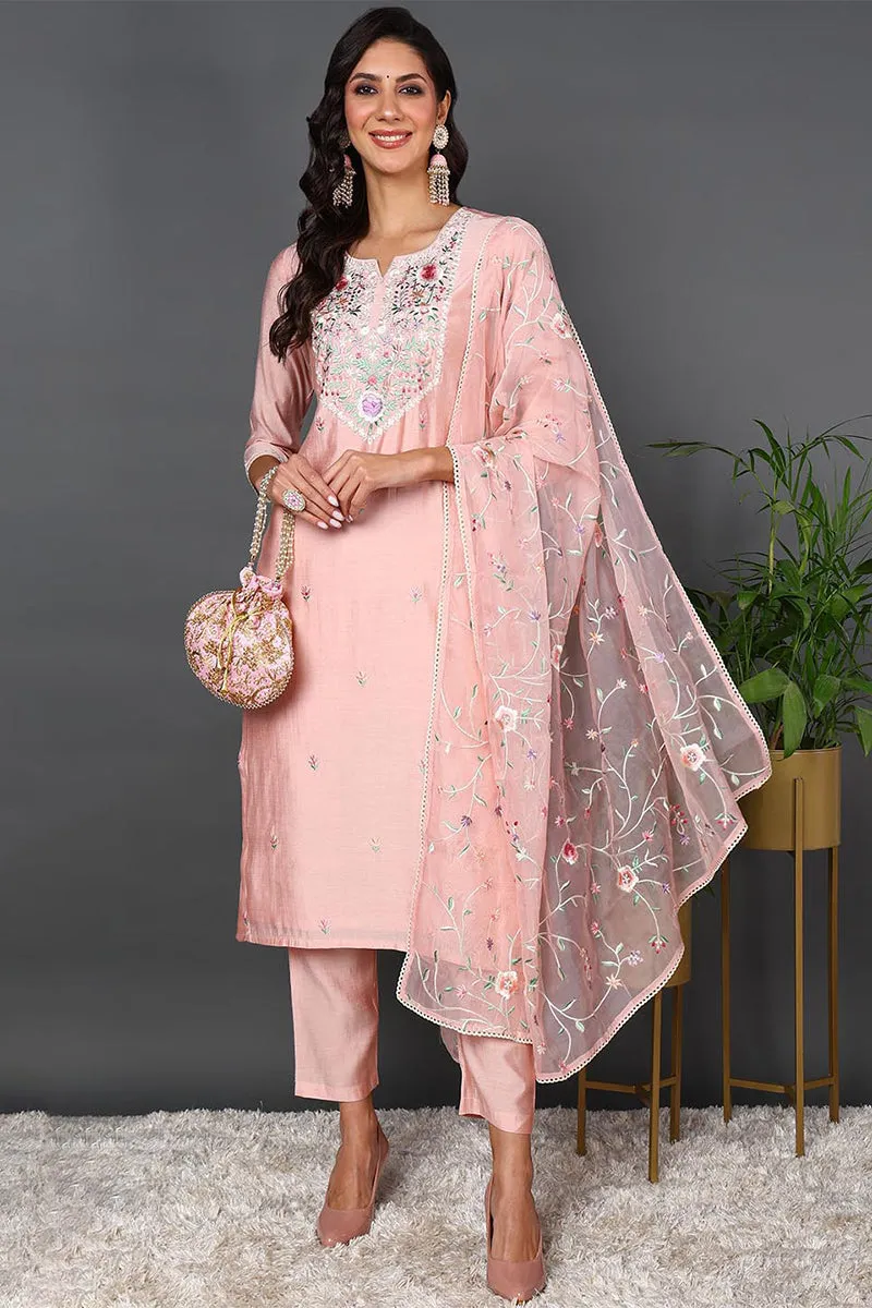 Plus Size Pink Silk Blend Solid Embroidered Straight Suit Set