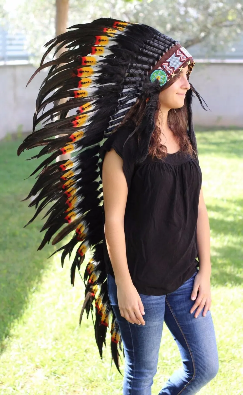 PRICE REDUCED N82- Extra Large Three colors Feather Headdress (43 inch long )