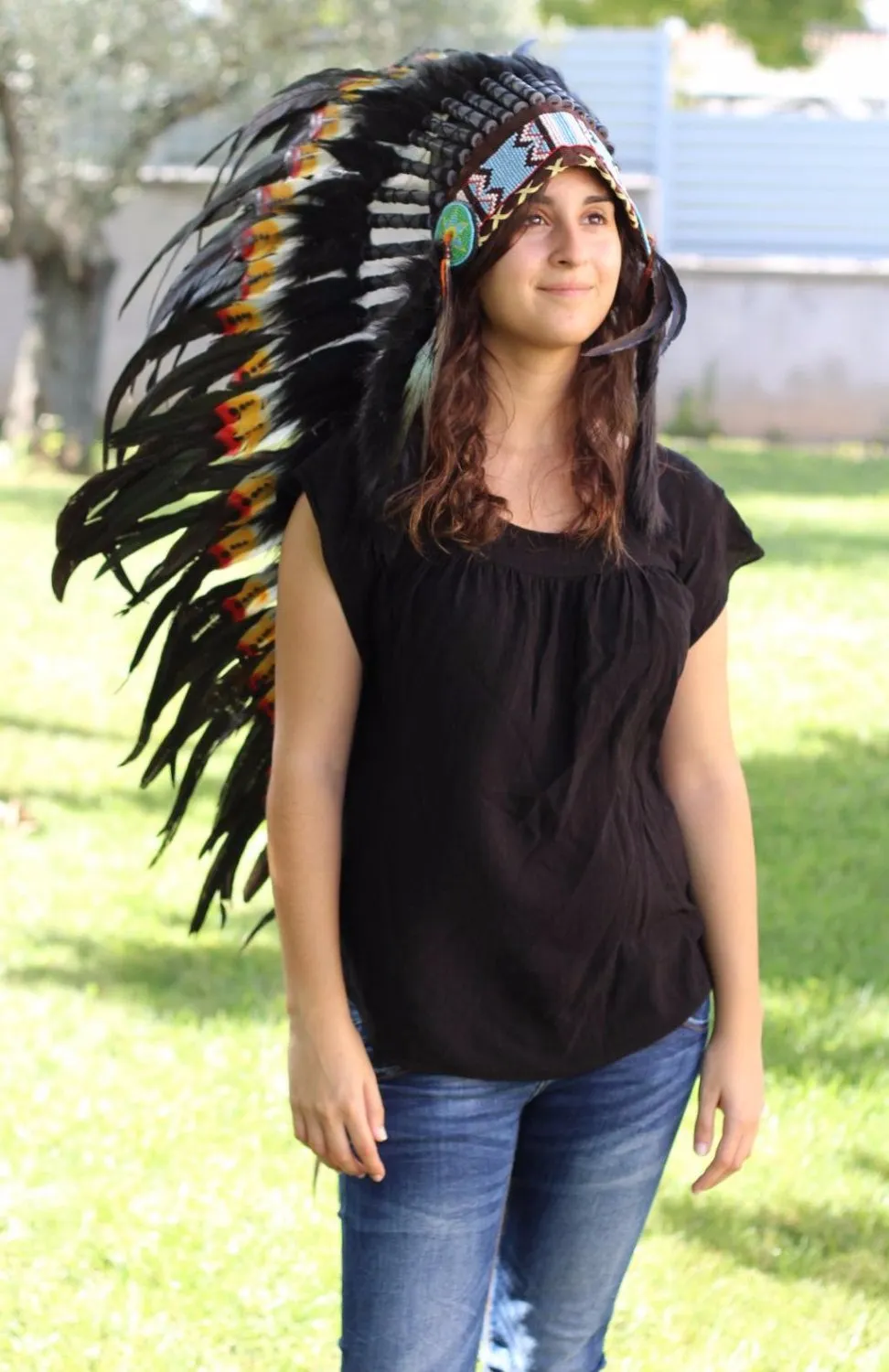 PRICE REDUCED N82- Extra Large Three colors Feather Headdress (43 inch long )