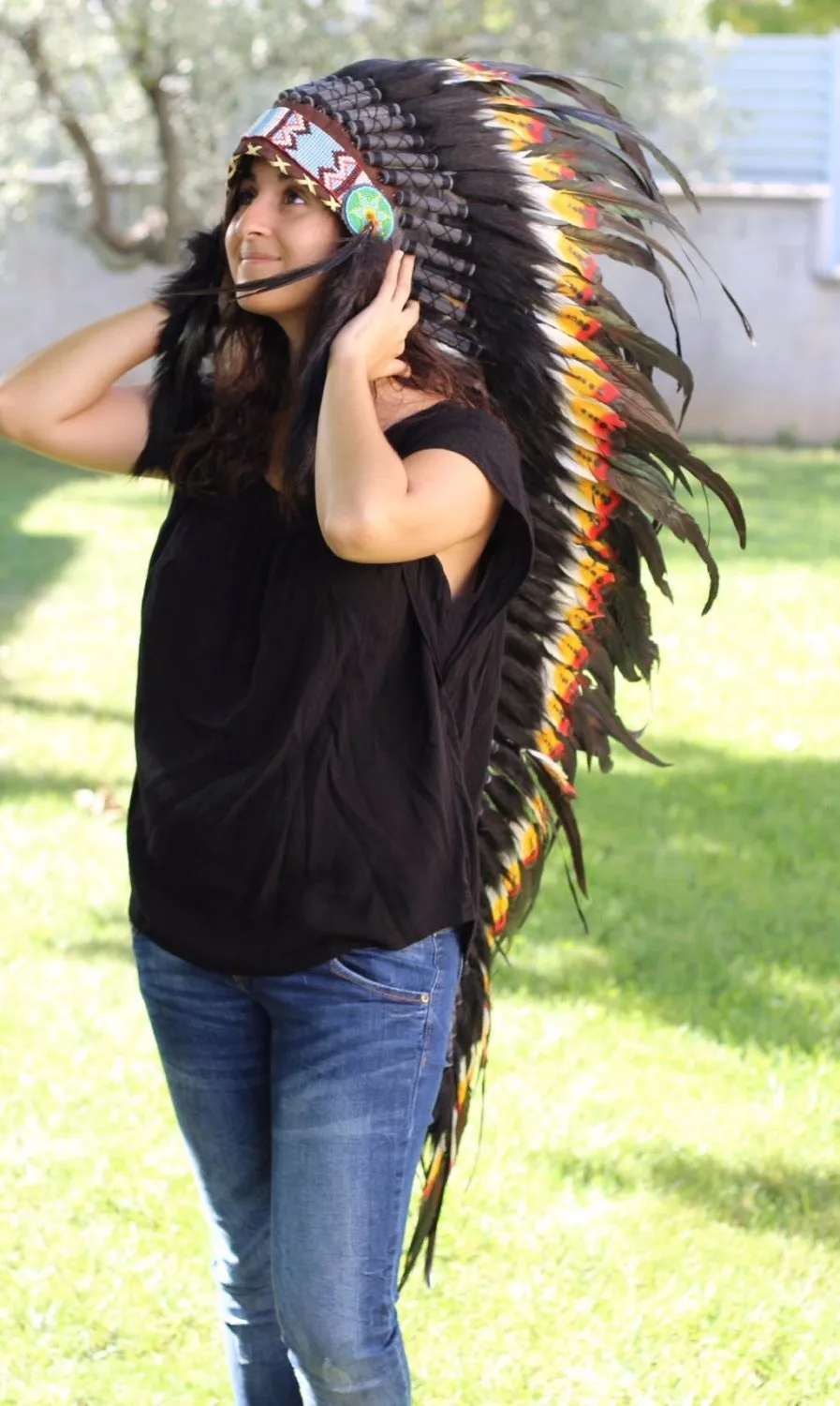 PRICE REDUCED N82- Extra Large Three colors Feather Headdress (43 inch long )