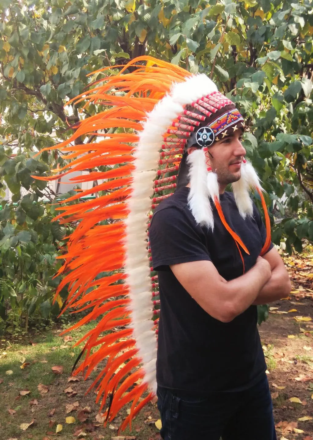 PRICE REDUCED N84  Extra Large Orange Feather Headdress (43 inch long )/ war bonnet.