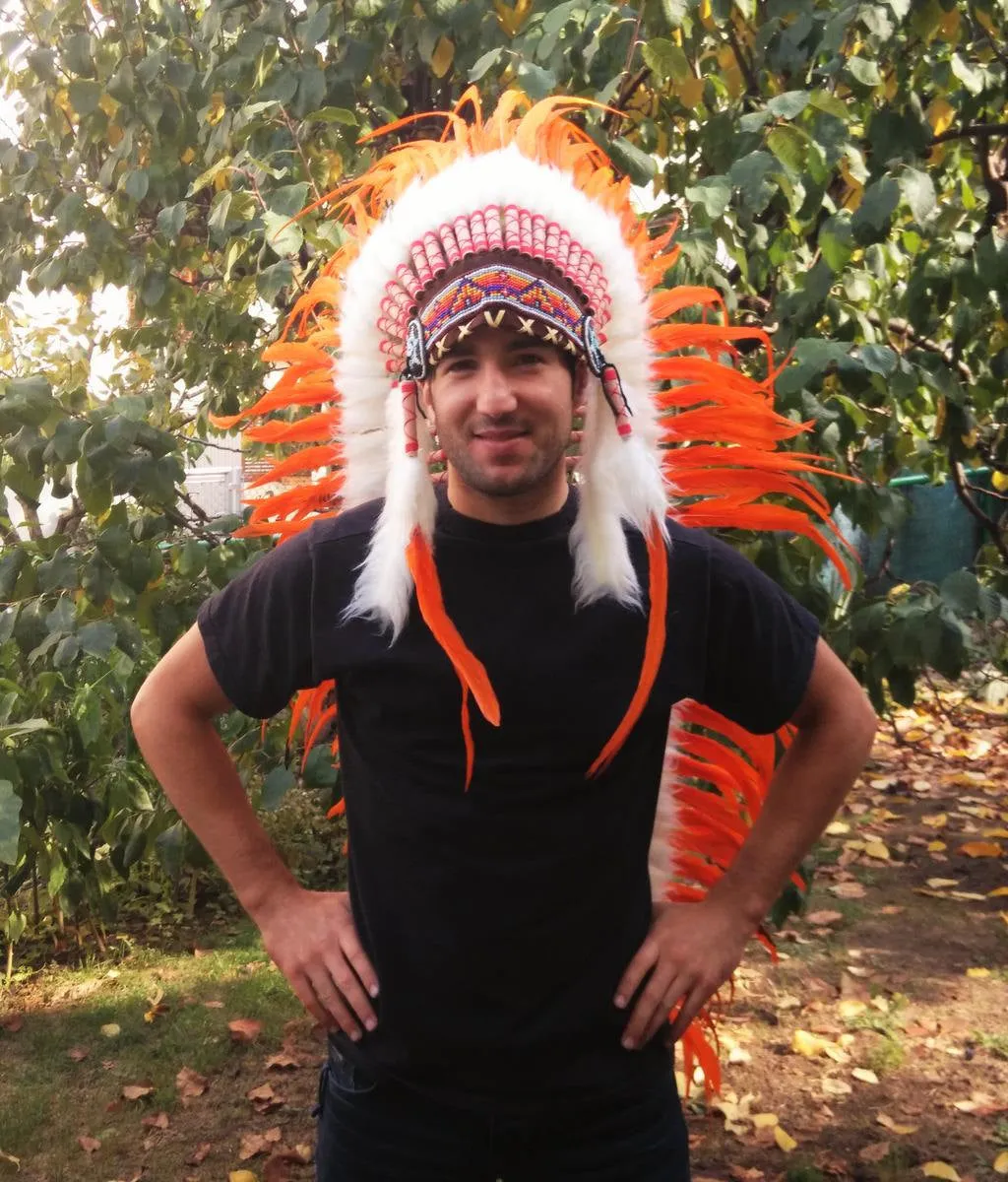 PRICE REDUCED N84  Extra Large Orange Feather Headdress (43 inch long )/ war bonnet.