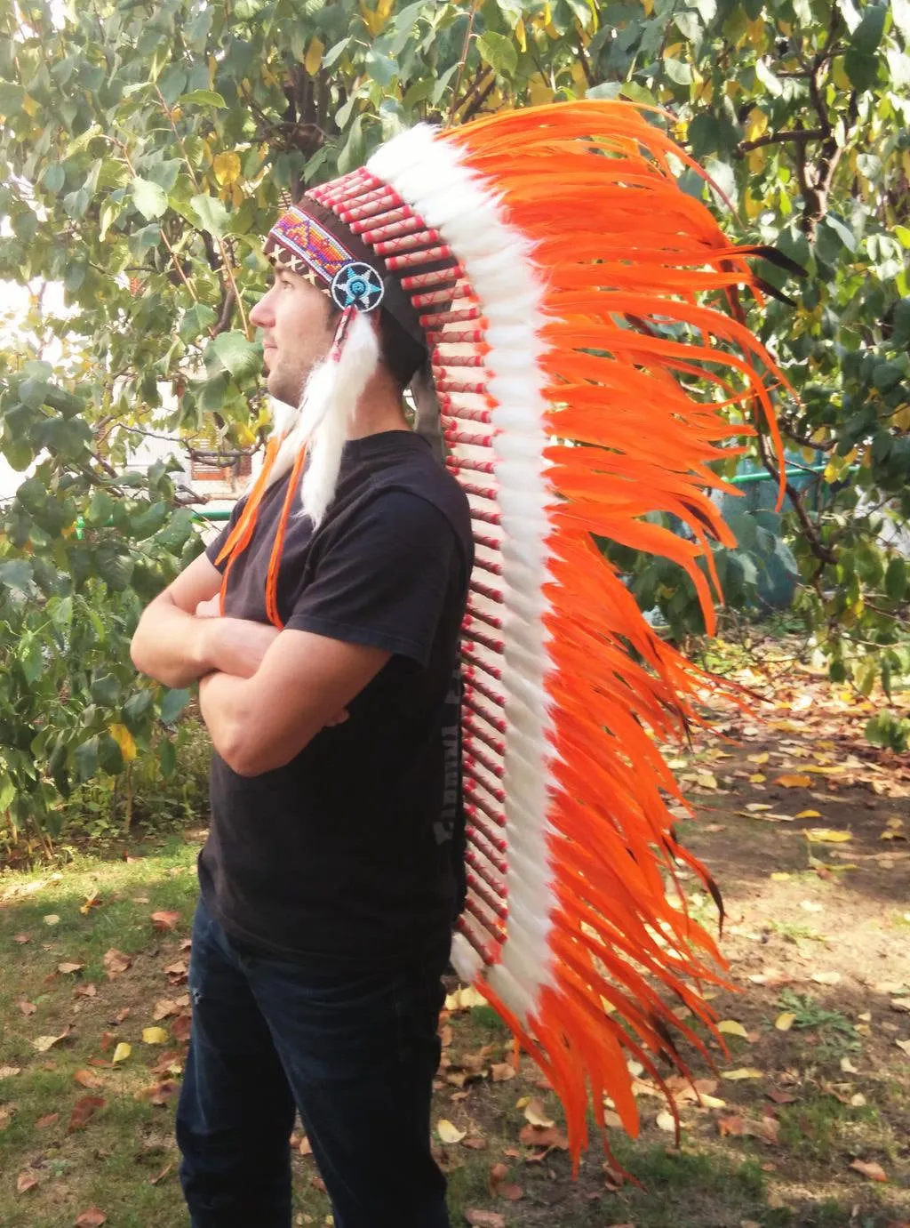 PRICE REDUCED N84  Extra Large Orange Feather Headdress (43 inch long )/ war bonnet.