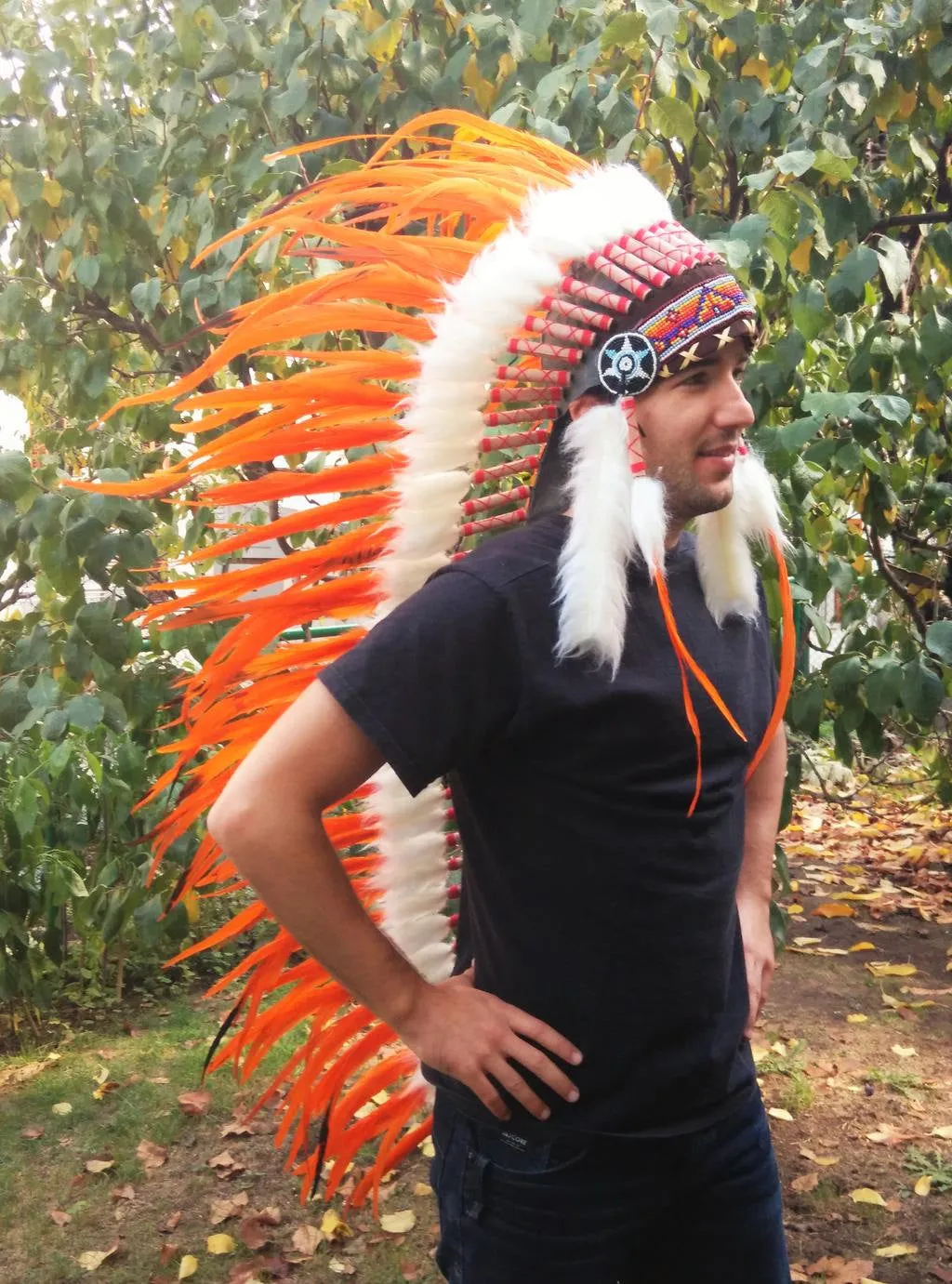 PRICE REDUCED N84  Extra Large Orange Feather Headdress (43 inch long )/ war bonnet.