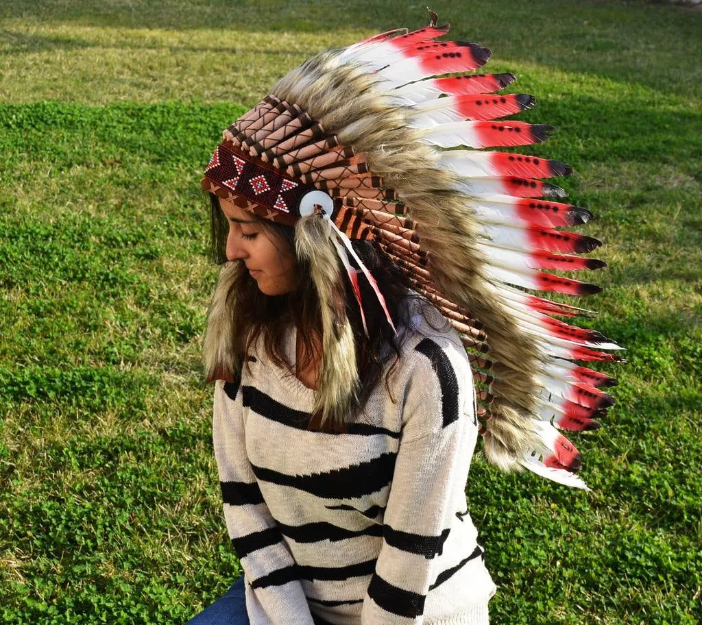 PRICE REDUCED Y07 Medium Red and Black Feather Headdress ( 36 inch long )