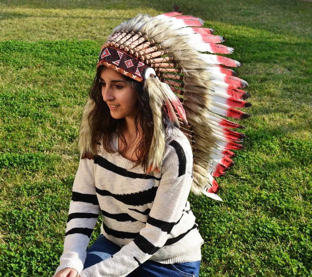 PRICE REDUCED Y07 Medium Red and Black Feather Headdress ( 36 inch long )