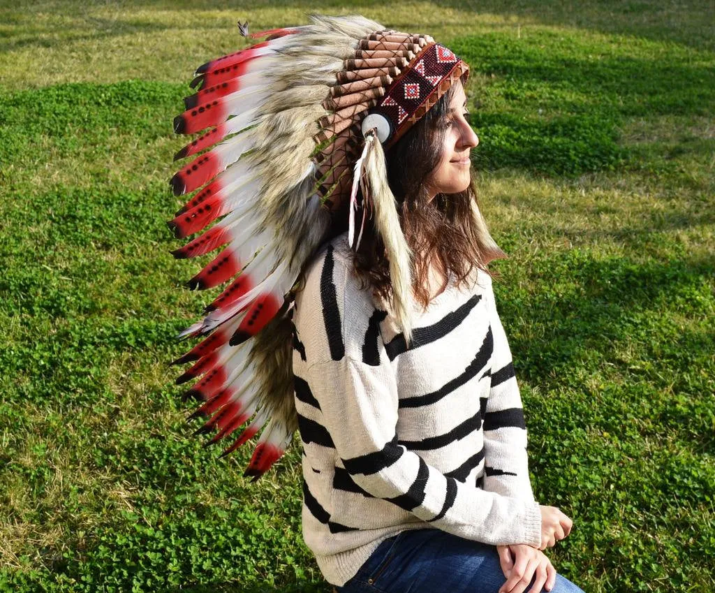 PRICE REDUCED Y07 Medium Red and Black Feather Headdress ( 36 inch long )