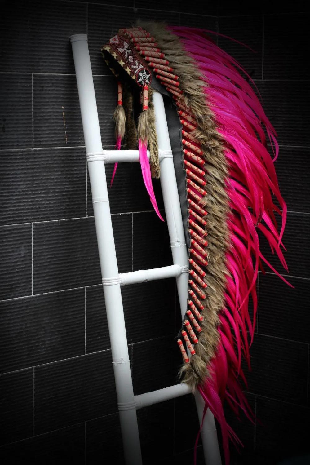 PRICE REDUCED . Z09 Extra Large Pink Feather Headdress (43 inch long )