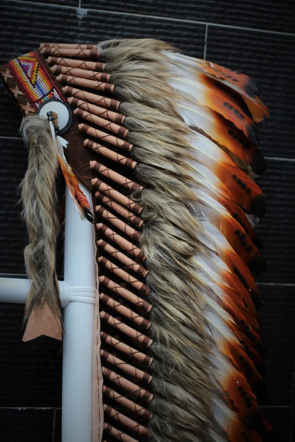 PRICE REDUCED Z13 Extra Large Three color Brown Feather Headdress (43 inch long ).