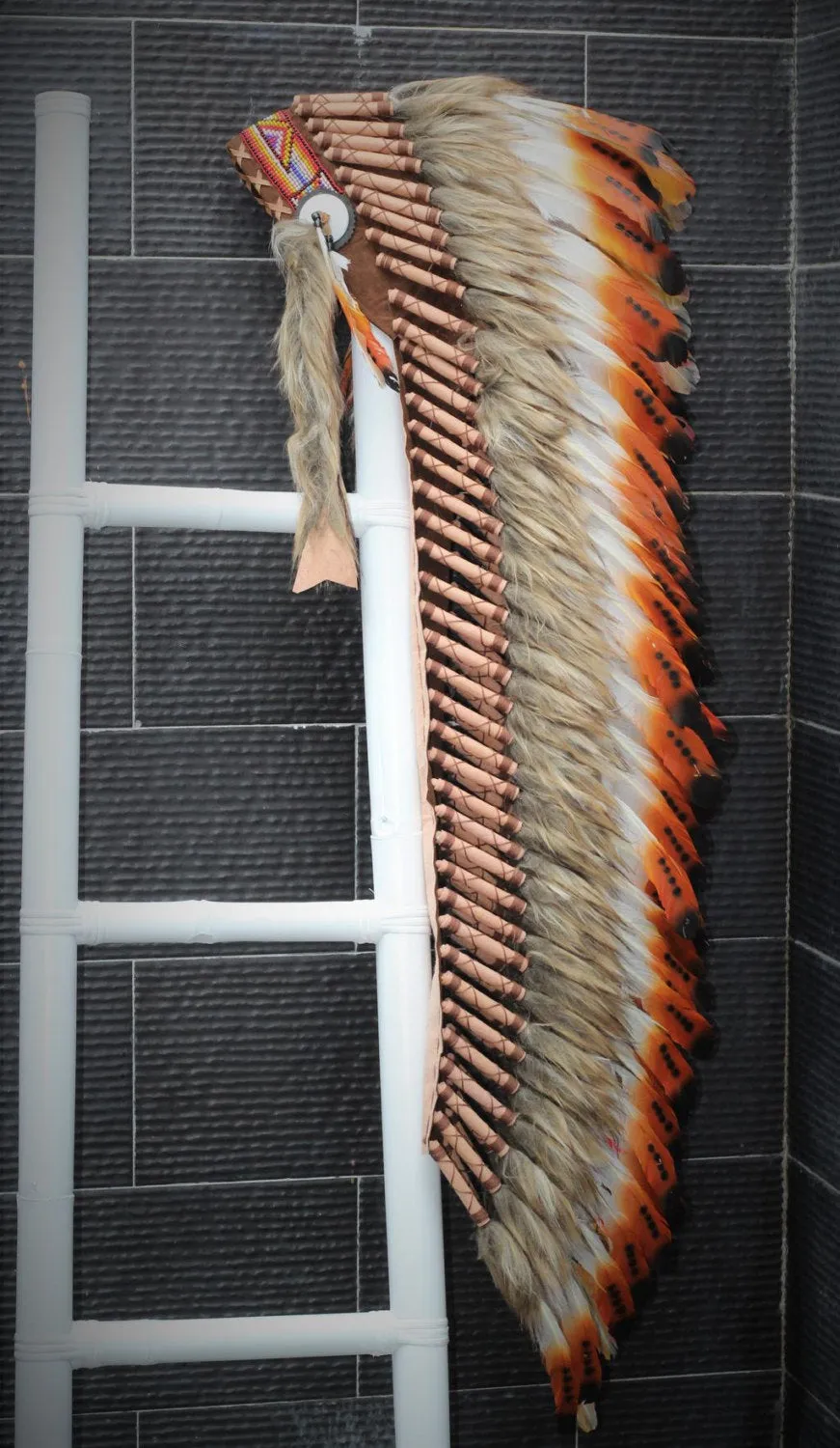 PRICE REDUCED Z13 Extra Large Three color Brown Feather Headdress (43 inch long ).