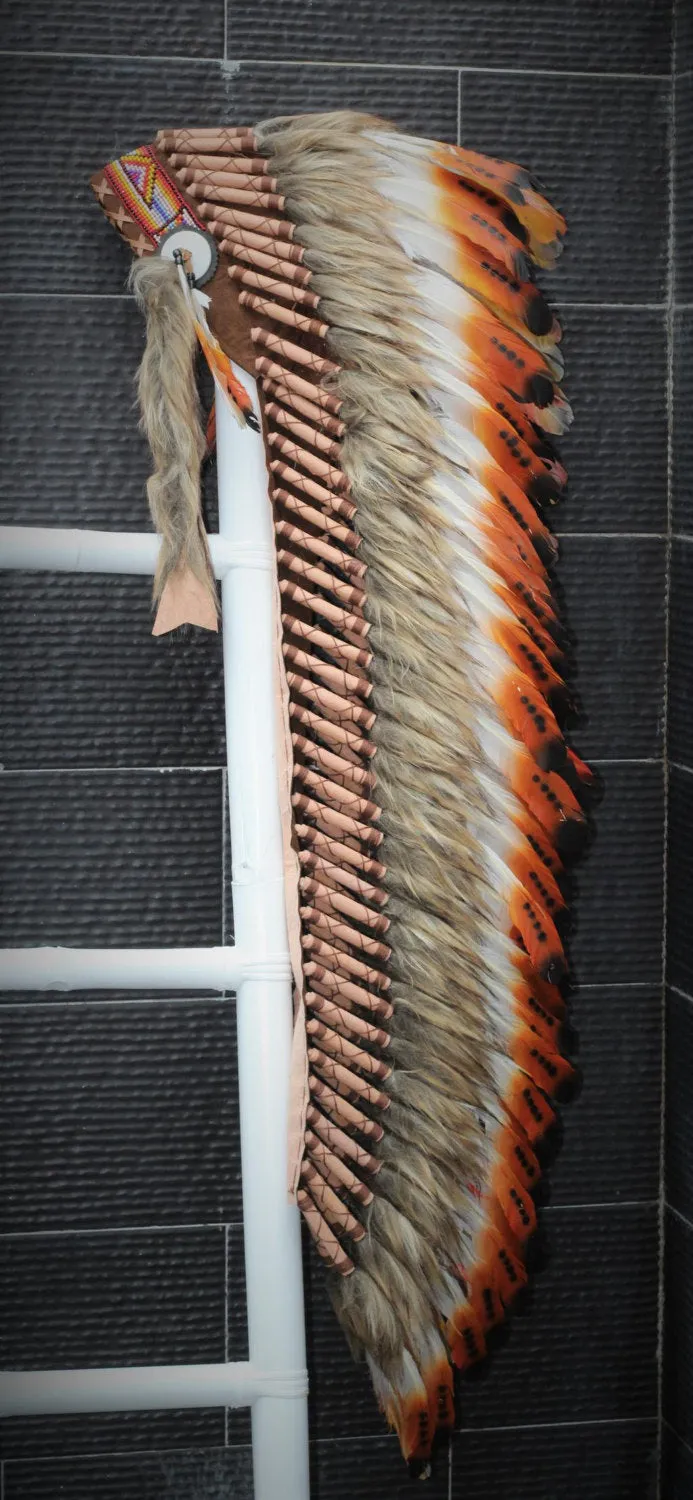 PRICE REDUCED Z13 Extra Large Three color Brown Feather Headdress (43 inch long ).