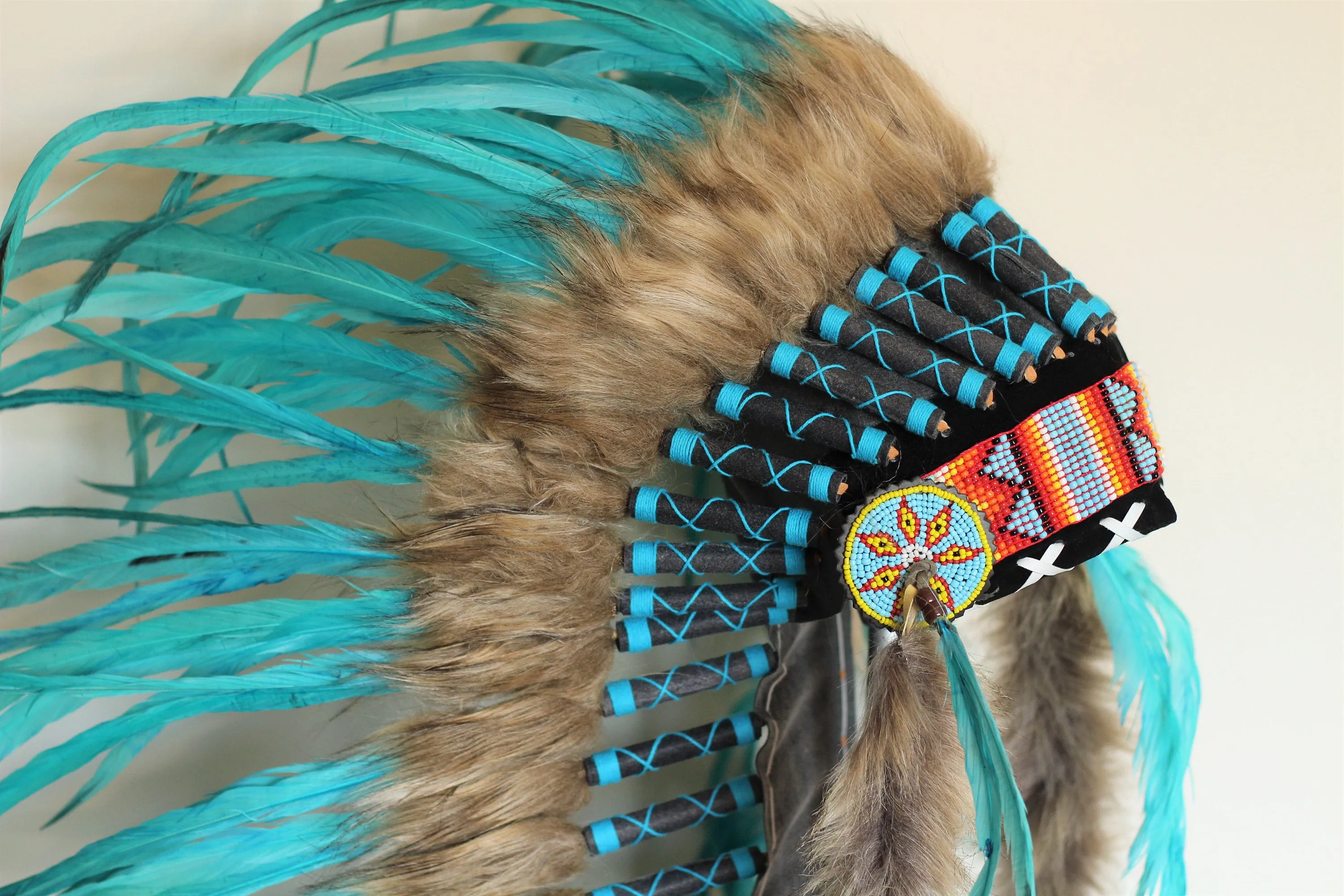 PRICE REDUCED . Z34 -  Extra Large Turquoise Feather Headdress (43 inch long )