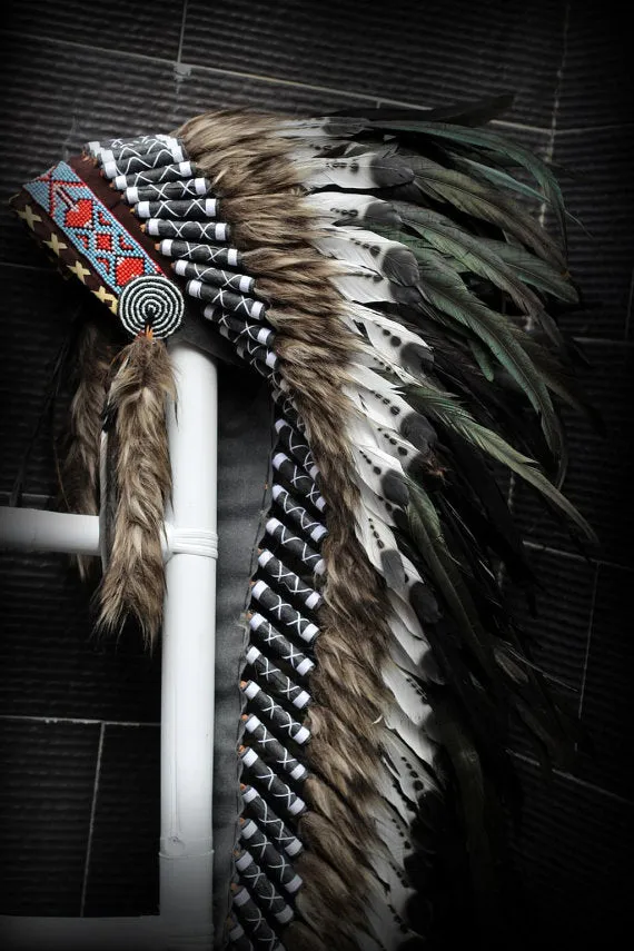 PRICE REDUCED - Z70 - Extra Large Indian black and white double Feather Headdress (43 inch long )