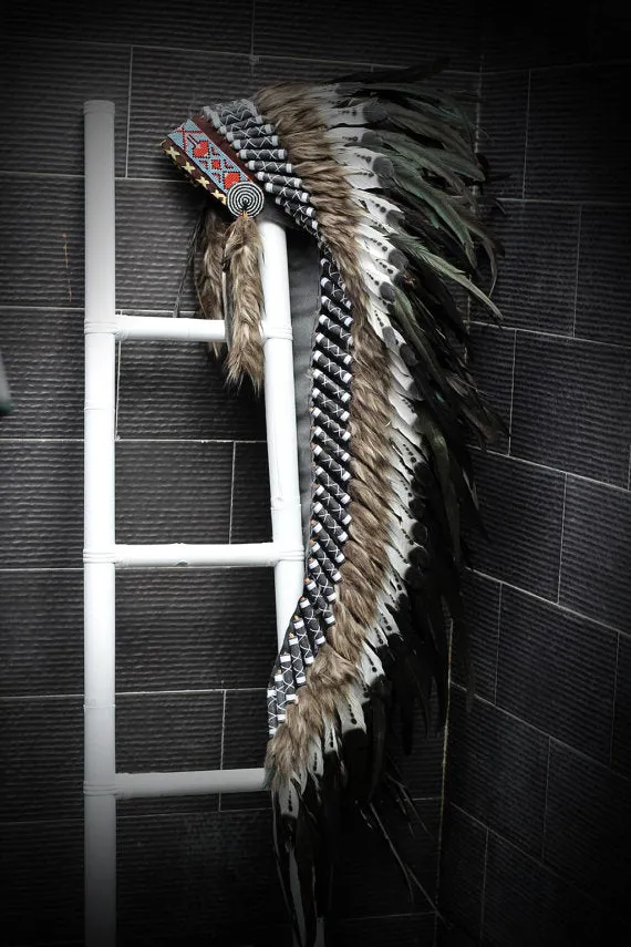 PRICE REDUCED - Z70 - Extra Large Indian black and white double Feather Headdress (43 inch long )