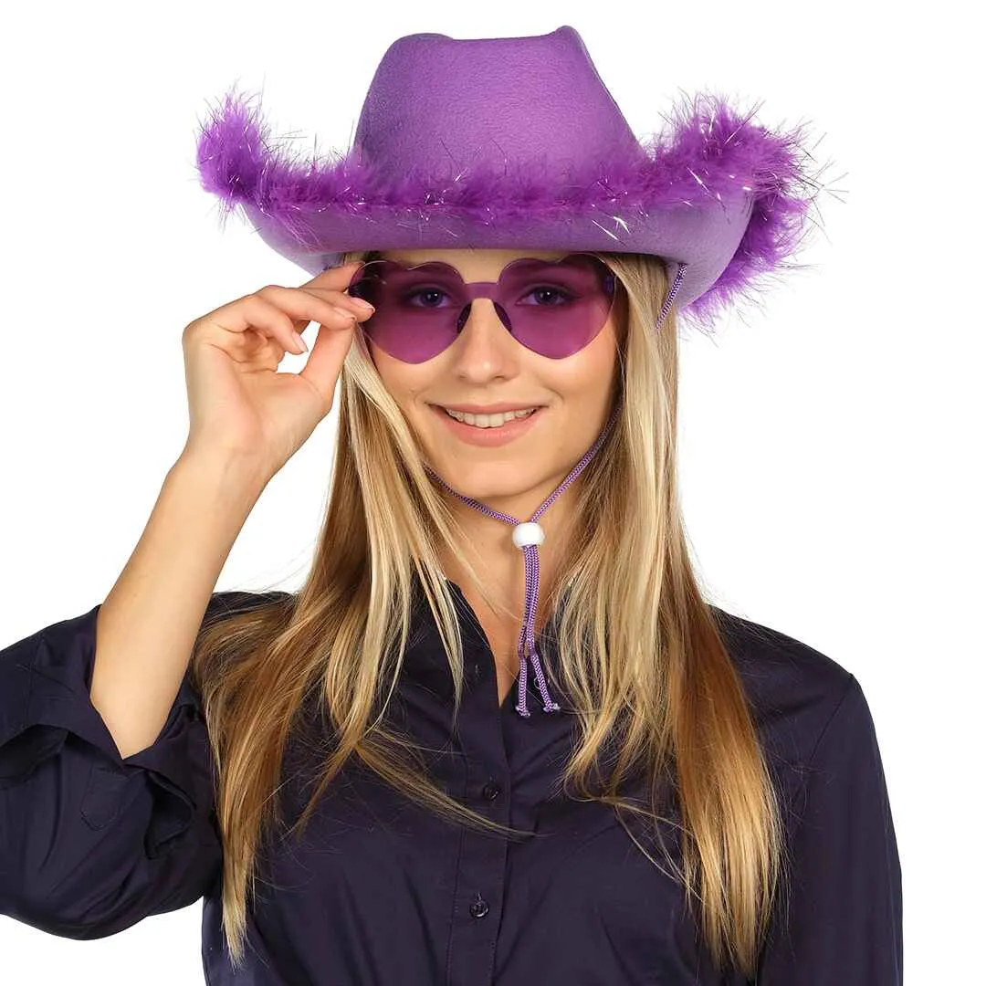 Purple Cowgirl Hat with Glasses - Halloween Cowboy Hat with Feathers - FUNCREDIBLE