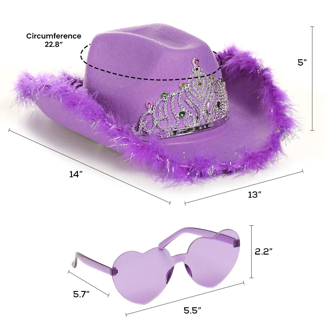 Purple Cowgirl Hat with Glasses - Halloween Cowboy Hat with Feathers - FUNCREDIBLE