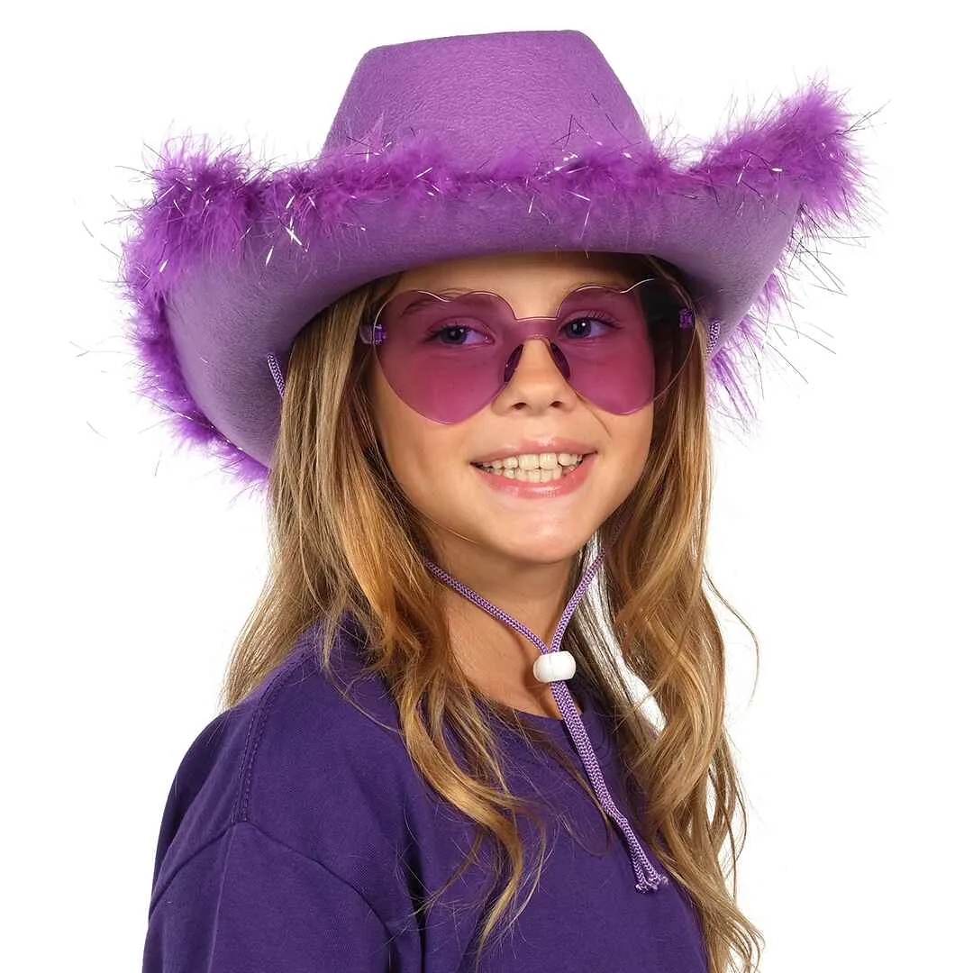 Purple Cowgirl Hat with Glasses - Halloween Cowboy Hat with Feathers - FUNCREDIBLE