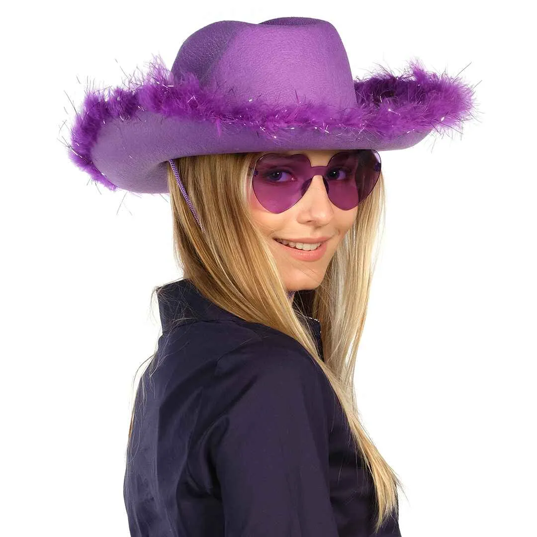 Purple Cowgirl Hat with Glasses - Halloween Cowboy Hat with Feathers - FUNCREDIBLE