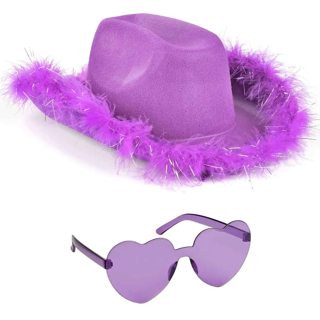 Purple Cowgirl Hat with Glasses - Halloween Cowboy Hat with Feathers - FUNCREDIBLE